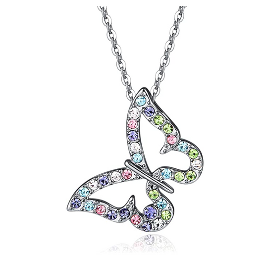 Butterfly Necklace Rainbow Simulated Diamond Butterfly Pendants Jewelry Butterfly Chain Birthday Gift 18in.