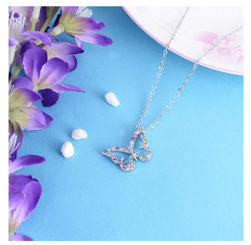 Butterfly Necklace Rainbow Simulated Diamond Butterfly Pendants Jewelry Butterfly Chain Birthday Gift 18in.