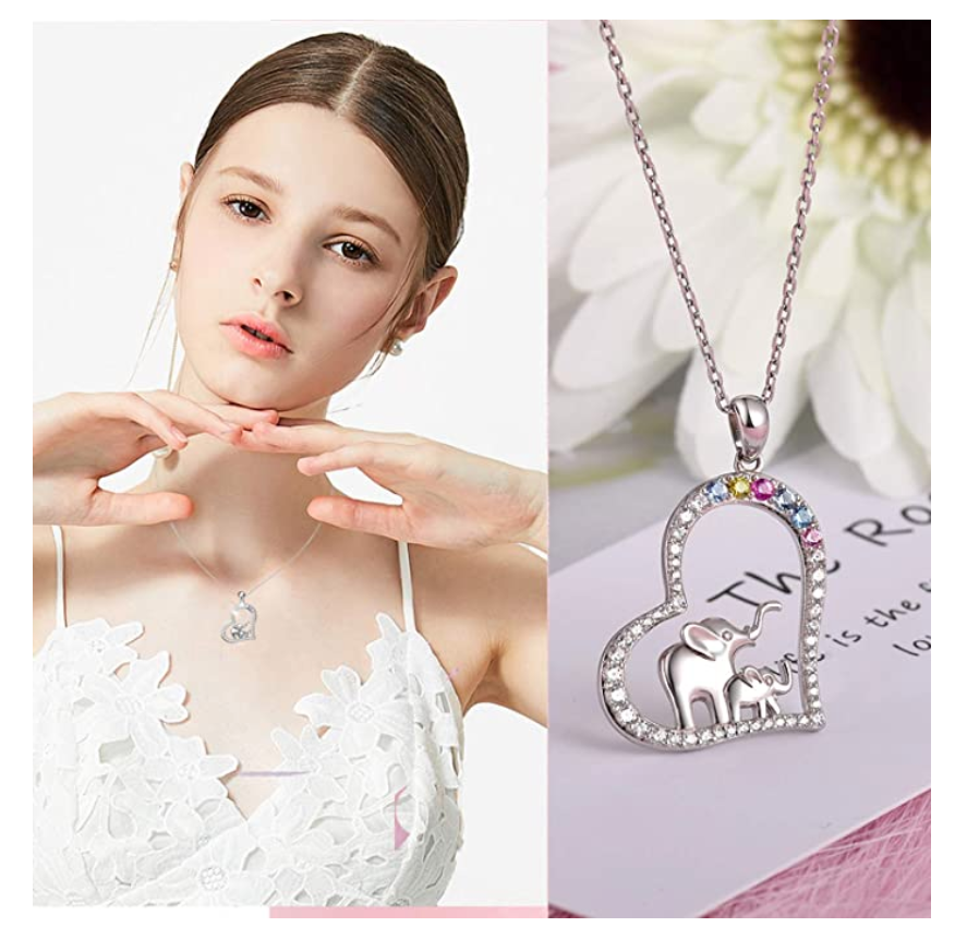 Love Baby Elephant Necklace Simulated Diamond Heart Elephant Family Pendant Dumbo Jewelry Lucky Chain Gift 925 Sterling Silver 18in.