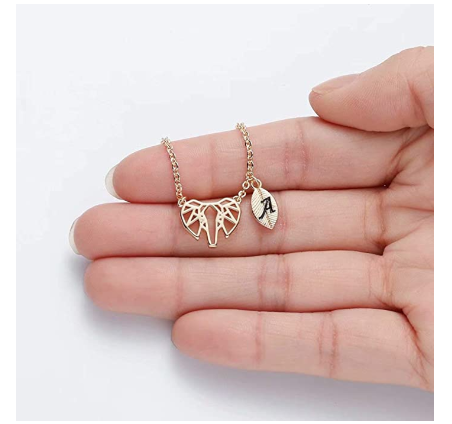 Custom Letter Necklace Elephant Pendant Leaf Necklace Elephant Jewelry Lucky Chain Gift Gold Color 18in.
