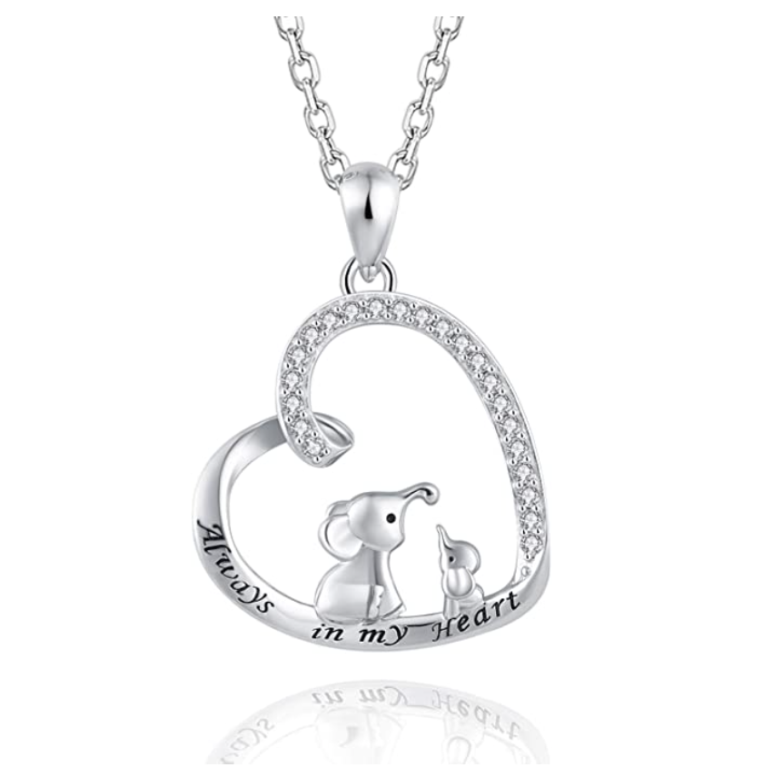 Elephant Family Heart Necklace Simulated Diamond Baby Elephant Love Pendant Jewelry Lucky Chain Gift 925 Sterling Silver 18in.