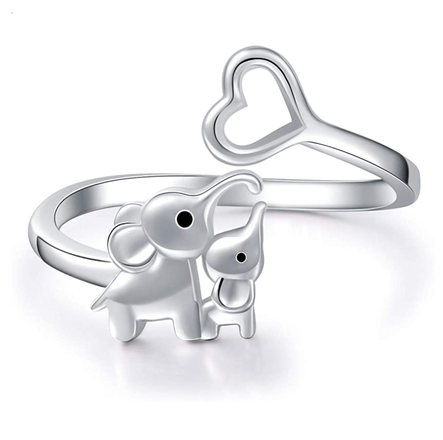 Elephant Ring Heart Love Elephant Jewelry Lucky Gift 925 Sterling Silver Adjustable Ring
