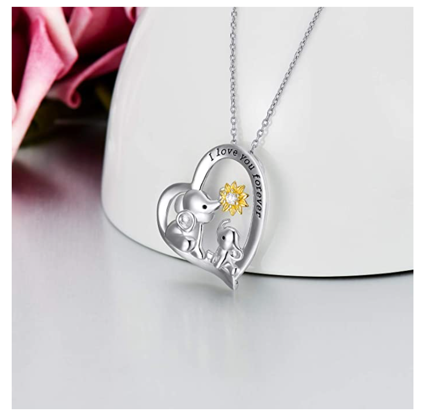 Elephant Heart Necklace Elephant Love Pendant Sun Flower Jewelry Lucky Chain Gift Silver Color 18in.