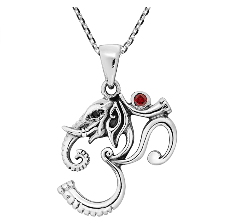 Om Aum Mantra Pendant Elephant Necklace Ganesha Pendant Jewelry Hindu Lucky Chain 925 Sterling Silver 18in.