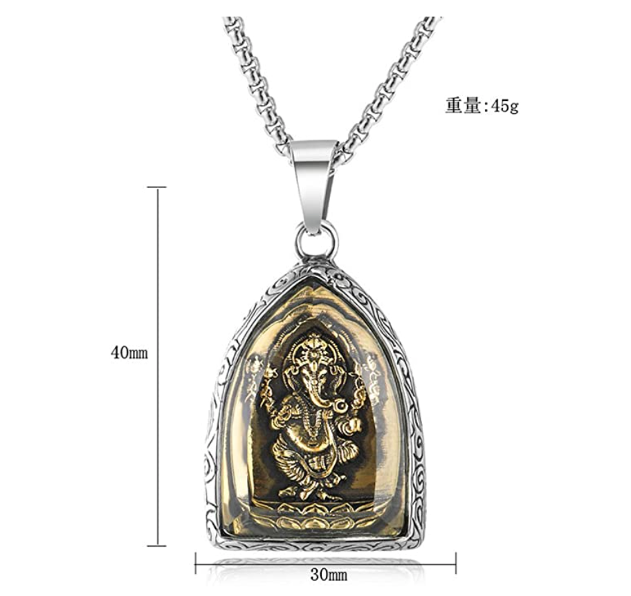 Lord Ganesh Necklace Amulet Pendant Elephant Jewelry Hindu Lucky Chain Silver Color 18in.