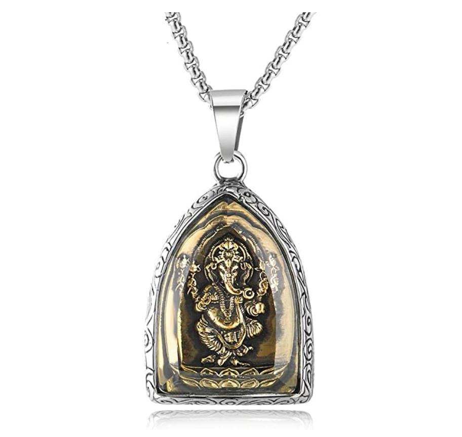 Lord Ganesh Necklace Amulet Pendant Elephant Jewelry Hindu Lucky Chain Silver Color 18in.