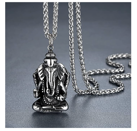 Lord Ganesh Necklace Ganesh God Pendant Elephant Jewelry Hindu Lucky Chain Silver Color 24in.