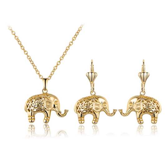 Cute Elephant Necklace Earring Set Elephant Pendant Jewelry Lucky Chain Gift Rose Gold Silver Color 18in.