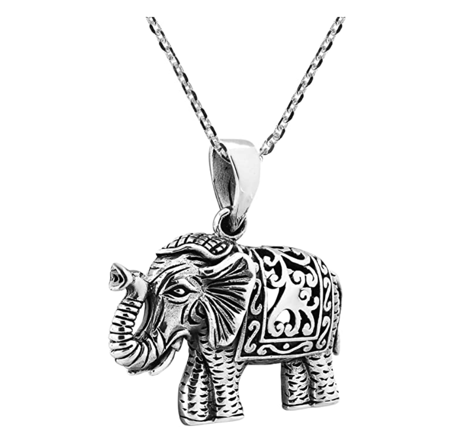 Intricately Detailed Regal and Majestic Elephant Necklace Love Elephant Pendant Jewelry Lucky Chain Gift 925 Sterling Silver Color 18in.