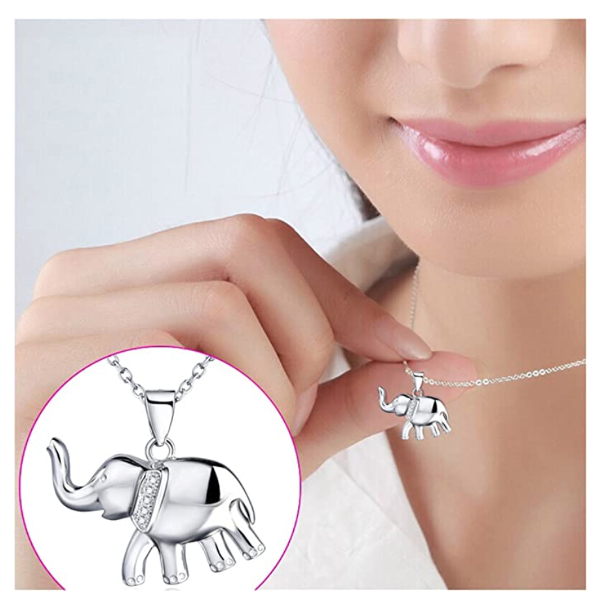 Simulated Diamond Elephant Necklace Elephant Pendant Jewelry Lucky Chain Gift 925 Sterling Silver Color 18in.