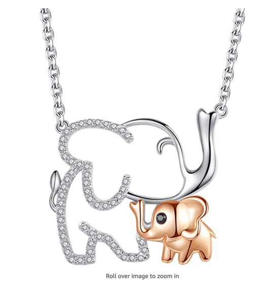 Cute Elephant Family Baby Necklace Elephant Pendant Jewelry Lucky Chain Simulated Diamond Silver Color 18in.