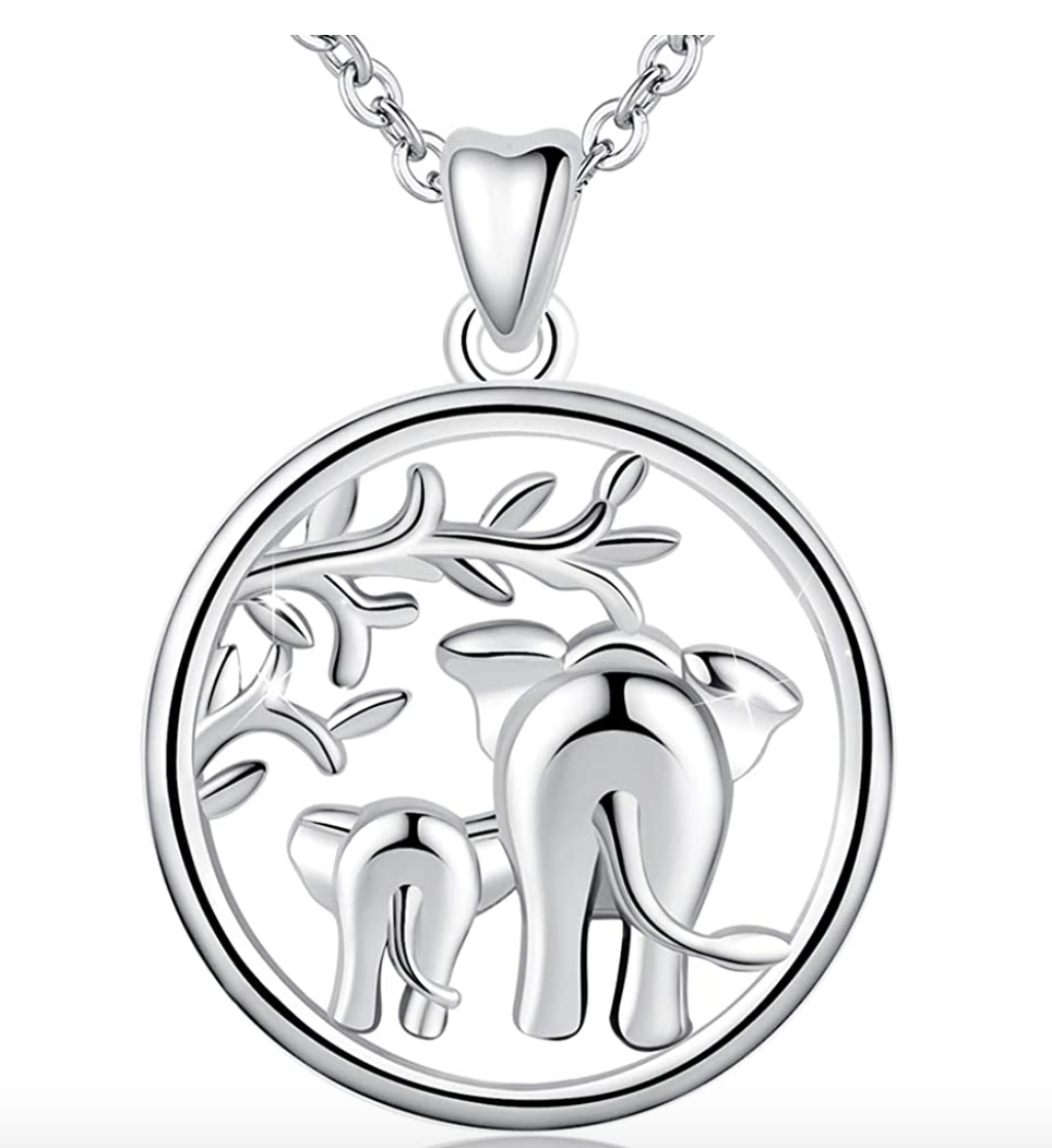 Elephant Family Necklace Medallion Baby Elephant Pendant Jewelry Lucky Chain Silver Color 18in.
