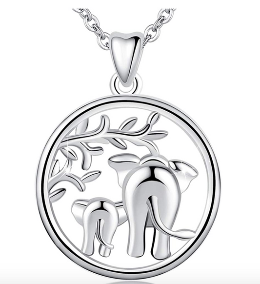 Elephant Family Necklace Medallion Baby Elephant Pendant Jewelry Lucky Chain Silver Color 18in.