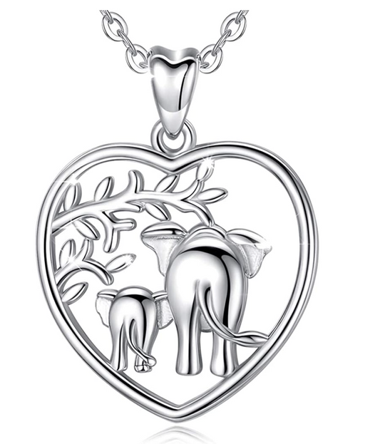 Heart Elephant Family Necklace Baby Elephant Pendant Jewelry Lucky Chain Silver Color 18in.