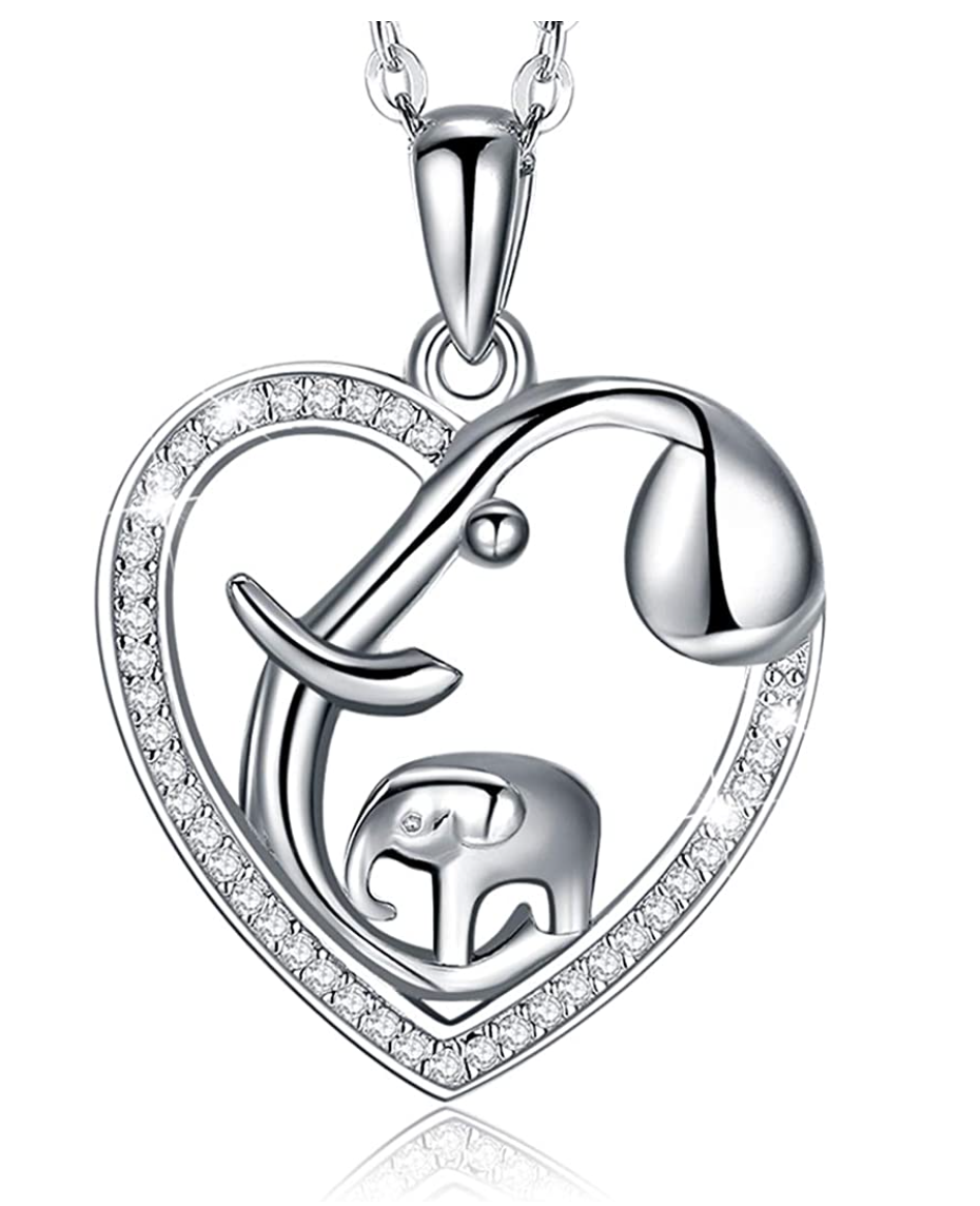 Simulated Diamond Heart Elephant Family Necklace Baby Elephant Pendant Jewelry Lucky Chain Silver Color 18in.
