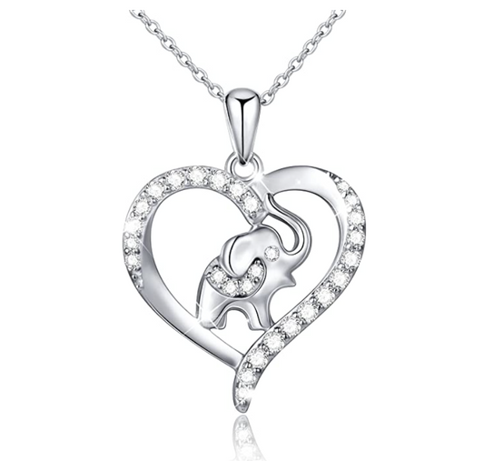 925 Sterling Silver Heart Elephant Family Necklace Baby Elephant Pendant Jewelry Lucky Simulated Diamond Chain 18in.
