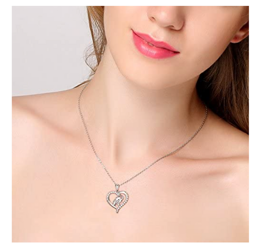 925 Sterling Silver Heart Elephant Family Necklace Baby Elephant Pendant Jewelry Lucky Simulated Diamond Chain 18in.