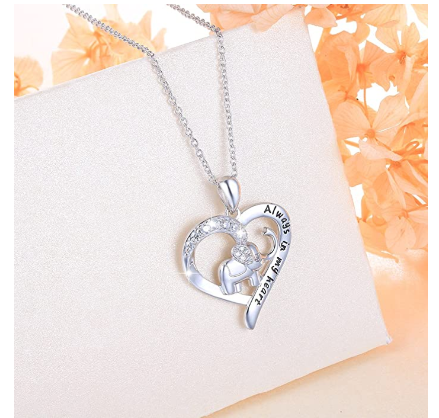 Always In My Heart 925 Sterling Silver Heart Elephant Family Necklace Baby Elephant Pendant Jewelry Lucky Simulated Diamond Chain 18in.