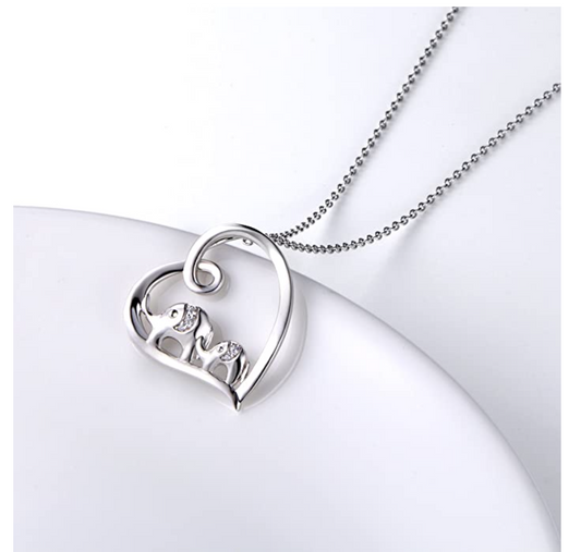 Mother & Child Heart Elephant Family Necklace Baby Elephant Pendant Jewelry Lucky Simulated Diamond Chain 925 Sterling Silver 18in.