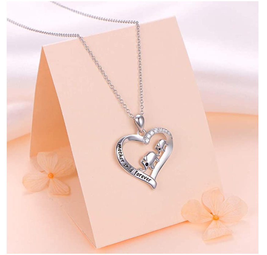 Baby & Mom Heart Elephant Love Necklace Elephant Pendant Jewelry Lucky Simulated Diamond Chain 925 Sterling Silver 18in.