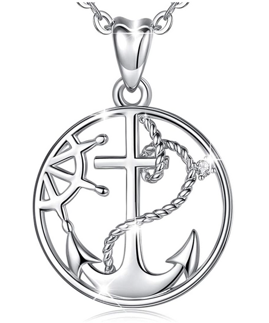 Anchor Necklace Medallion Anchor Pendant Sailor Jewelry Lucky Boat Simulated Diamond Chain 925 Sterling Silver 18in.