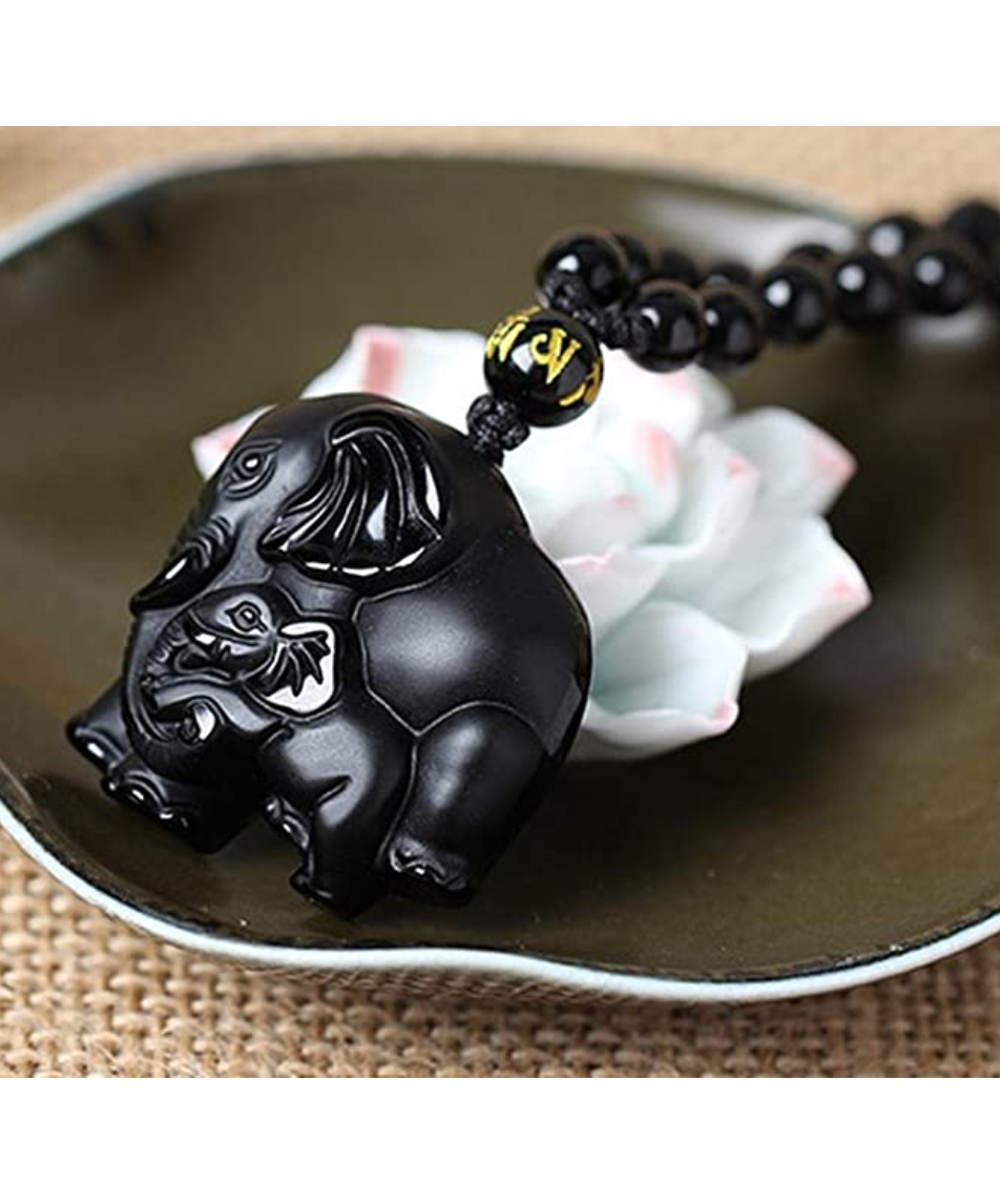 Black Obsidian Elephant Necklace Baby Elephant Family Pendant Jewelry Lucky Bead Chain Chord Gift 22in.