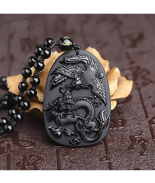 Dragon Phoenix Necklace Black Obsidian Chinese Dragon Pendant Chinese Japanese Jewelry Asian Oriental Lucky Bead Chain Chord Gift 22in.