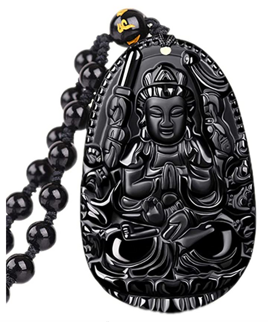 Buddha Necklace Black Obsidian Buddhist Pendant Chinese Japanese Jewelry Asian Oriental Lucky Bead Chain Chord Gift 22in.