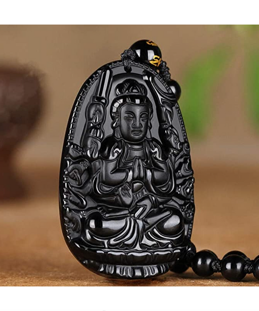 Buddha Necklace Black Obsidian Buddhist Pendant Chinese Japanese Jewelry Asian Oriental Lucky Bead Chain Chord Gift 22in.