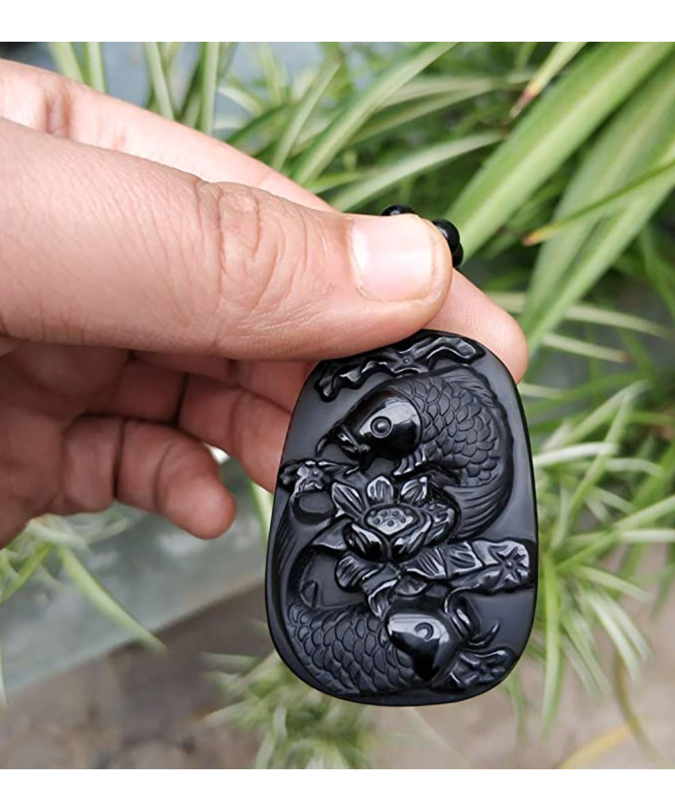 Koi Fish Necklace Black Obsidian Koi Fish Pendant Chinese Japanese Jewelry Asian Oriental Lucky Bead Chain Chord Gift 22in.