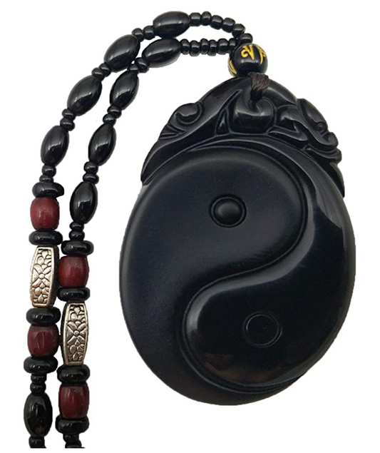 Yin Yang Necklace Black Obsidian Tai Ji Pendant Chinese Japanese Jewelry Asian Oriental Lucky Bead Chain Chord Gift 22in.