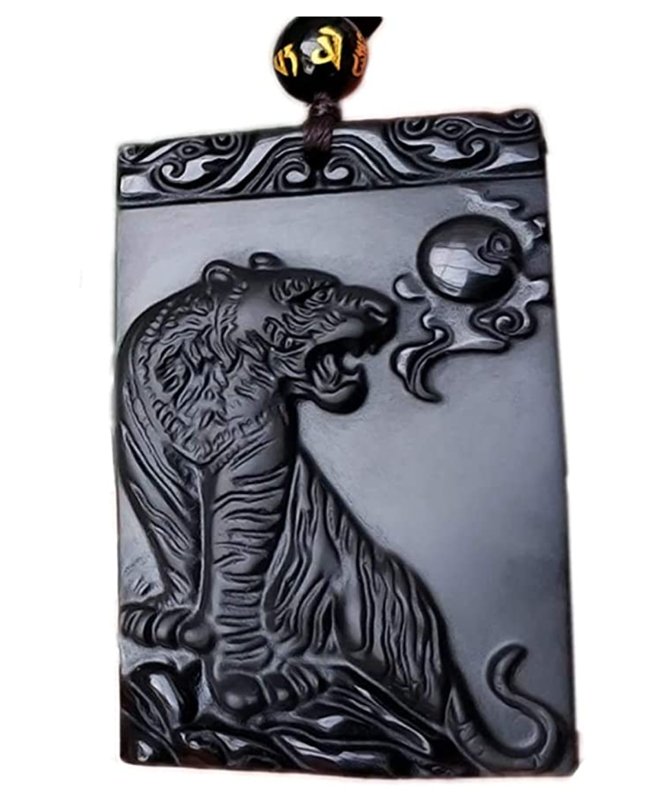 Tiger Necklace Black Obsidian Tiger Pendant Chinese Japanese Jewelry Asian Oriental Lucky Bead Chain Chord Gift 22in.