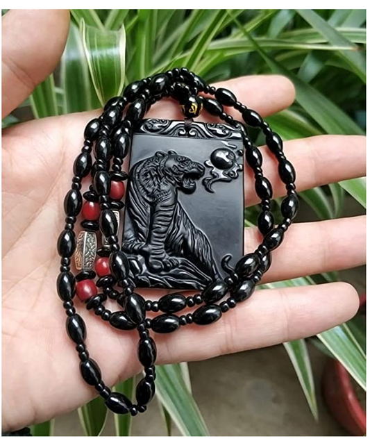 Tiger Necklace Black Obsidian Tiger Pendant Chinese Japanese Jewelry Asian Oriental Lucky Bead Chain Chord Gift 22in.