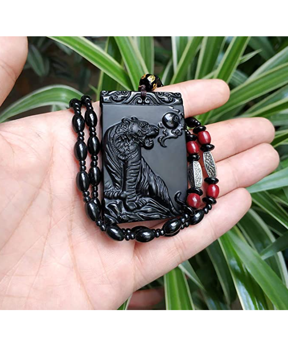 Tiger Necklace Black Obsidian Tiger Pendant Chinese Japanese Jewelry Asian Oriental Lucky Bead Chain Chord Gift 22in.
