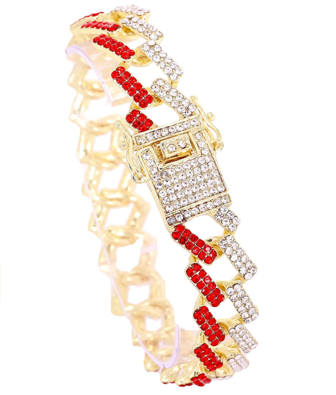 Red Face Watch Gold Color Simulated Diamond Cuban Link Chain Set Spike Necklace Bust Down Hip Hop Bracelet Bundle