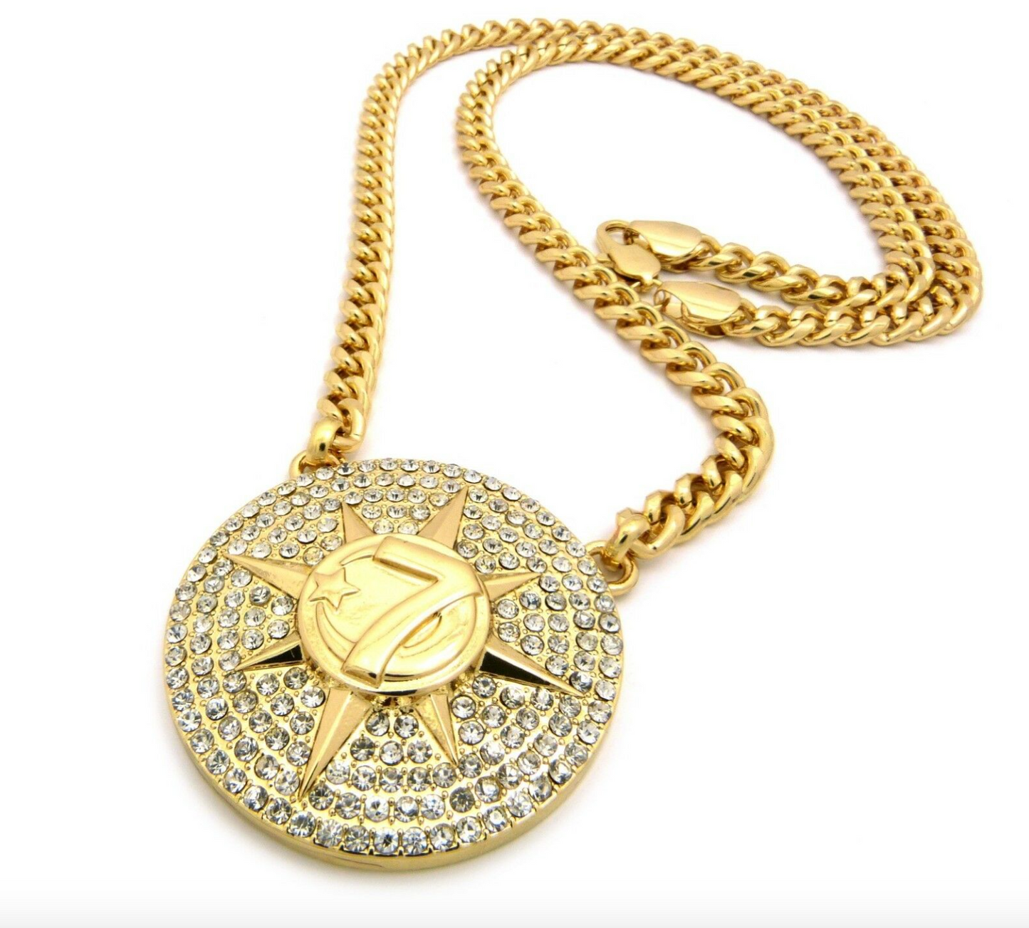 Simulated Diamond 7 Star 5 Percenter Pendant Allah Jewelry Hip Hop Necklace Muslim Jay Z Chain NOI Gold Color Metal Alloy 30in.