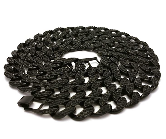 Black Cuban Link Chain Necklace Bust Down Simulated Diamond Necklace Miami Rapper Chain Bling Hip Hop Jewelry