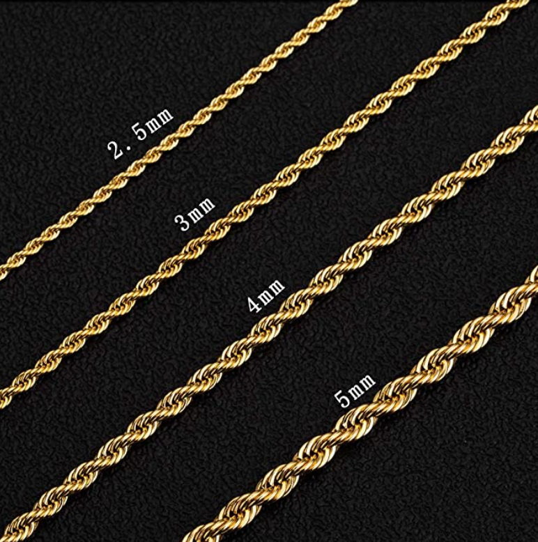 2.5 mm Rope Necklace Twist Chain Braided Hip Hop Jewelry Stainless Steel Silver Gold Tone 16 - 30in.
