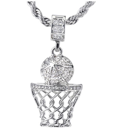 Basketball Diamond Necklace Chain Iced Out Rim Net Pendant Cuban Link Necklace Silver Color Metal Alloy