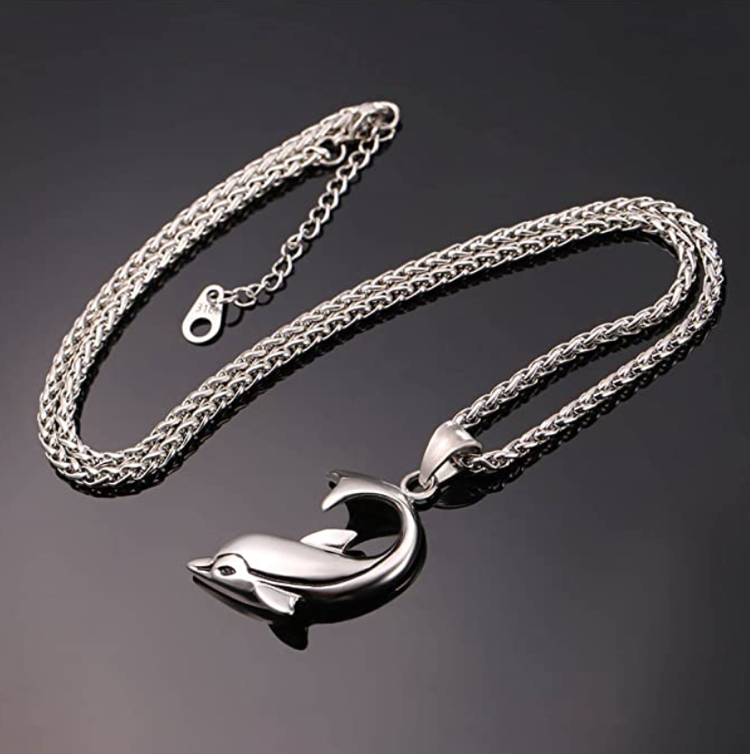 925 Sterling Silver Dolphin Pendant Black Gold Necklace Island Dolphin Beach Jewelry Chain Birthday Gift 22in.