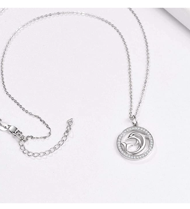 Diamond Dolphin Medallion Circle Pendant Necklace Island Dolphin Beach Jewelry Chain 925 Sterling Silver Birthday Gift 18in.