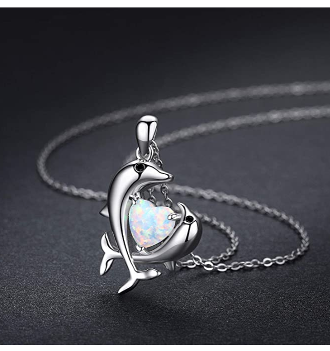 Opal Heart Two Dolphin Pendant Heart Necklace Island Dolphin Beach Jewelry Chain 925 Sterling Silver Birthday Gift 20in.