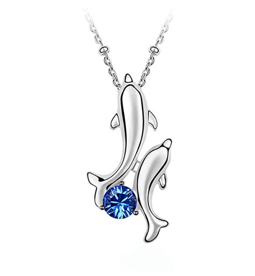 Two Dolphin Pendant Birthstone Diamond Stud Necklace Island Dolphin Beach Jewelry Chain Birthday Gift 18in.