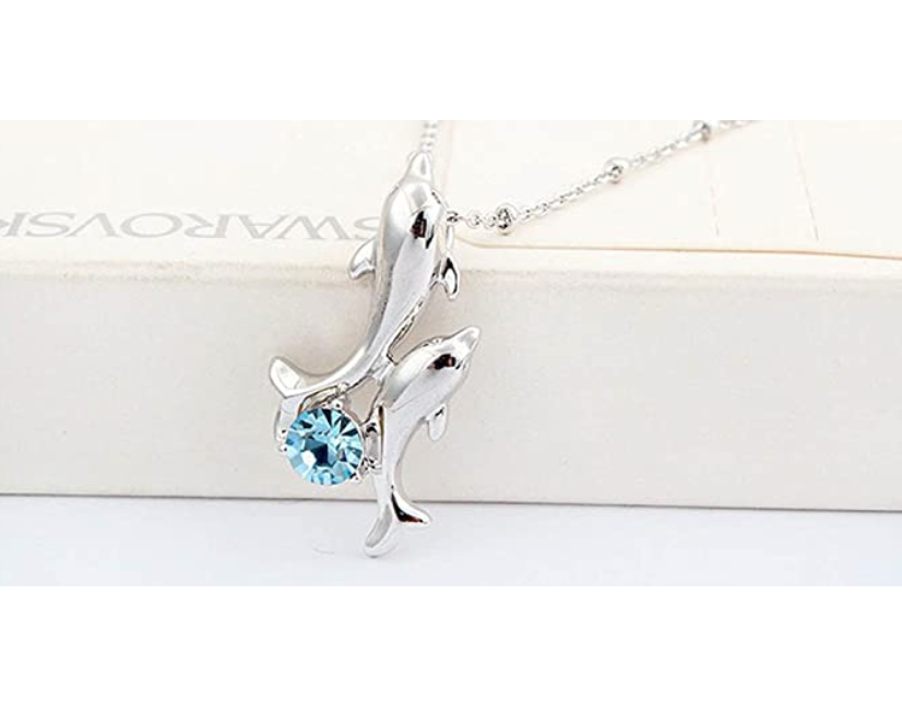 Two Dolphin Pendant Birthstone Diamond Stud Necklace Island Dolphin Beach Jewelry Chain Birthday Gift 18in.