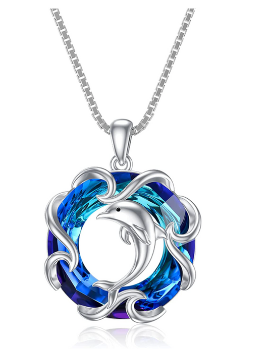 Blue Circle Wave Dolphin Pendant Necklace Island Dolphin Beach Jewelry Chain 925 Sterling Silver Birthday Gift 20in.