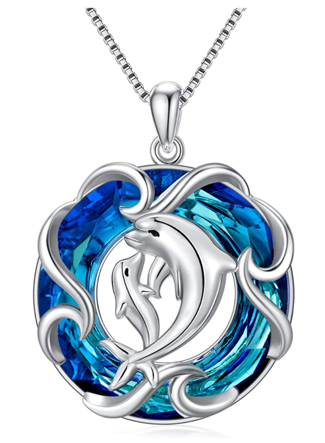 Blue Circle Wave Dolphin Pendant Necklace Island Dolphin Beach Jewelry Chain 925 Sterling Silver Birthday Gift 20in.