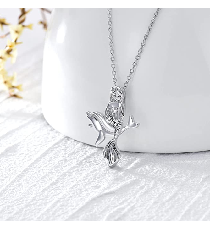 Mermaid Sitting on Dolphin Pendant Necklace Island Dolphin Beach Jewelry Chain 925 Sterling Silver Birthday Gift 20in.