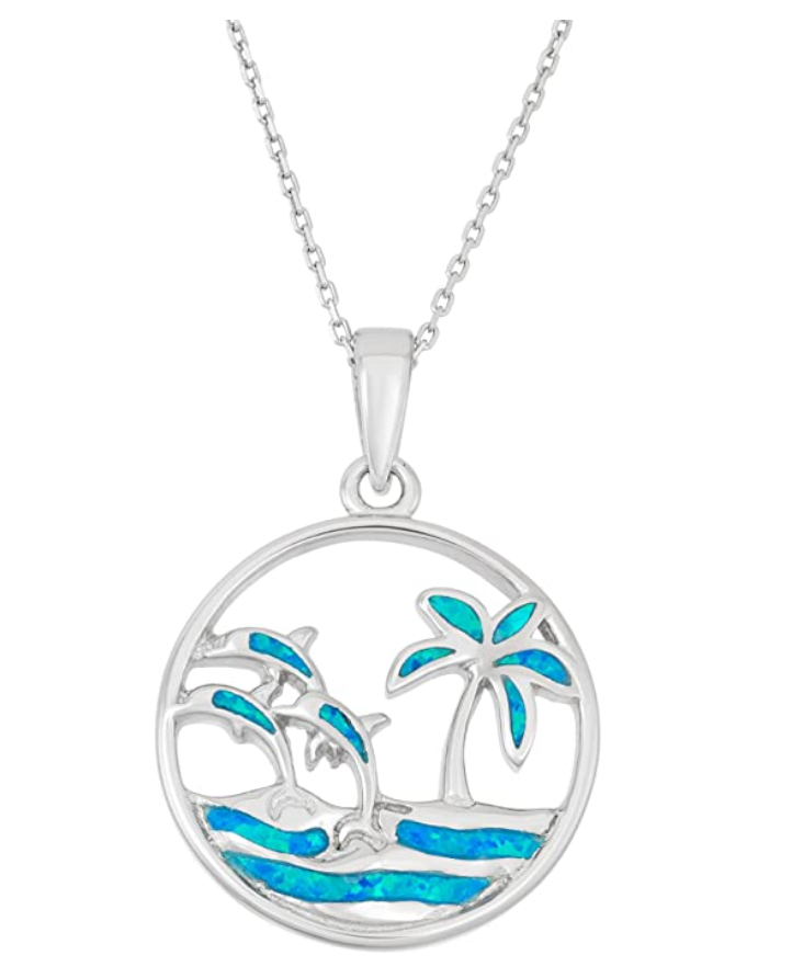 Blue Palm Tree Water Dolphin Pendant Necklace Island Dolphin Beach Jewelry Tropical Chain 925 Sterling Silver Birthday Gift 18in.