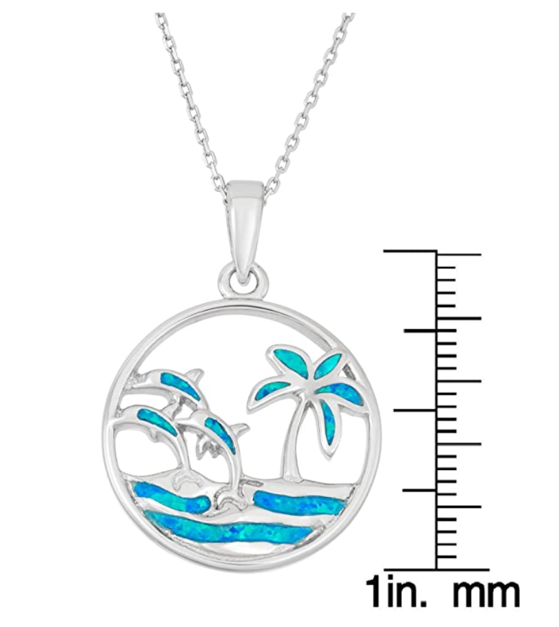 Blue Palm Tree Water Dolphin Pendant Necklace Island Dolphin Beach Jewelry Tropical Chain 925 Sterling Silver Birthday Gift 18in.