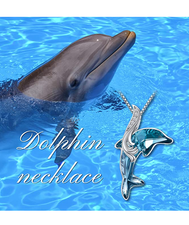 Blue Crystal Dolphin Pendant Diamond Necklace Island Dolphin Beach Jewelry Tropical Chain 925 Sterling Silver Birthday Gift 20in.